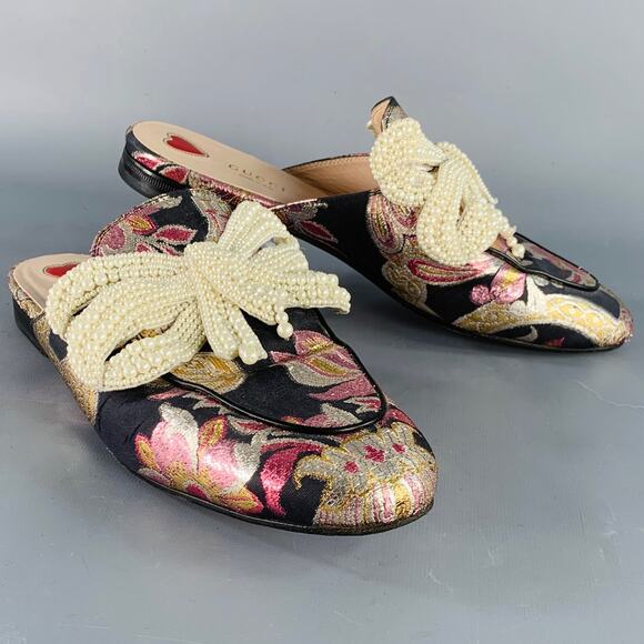 GUCCI Size 9.5 Princetown Black Multi Color Faux Pearl Bows Slip On Flats - Picture 1 of 9